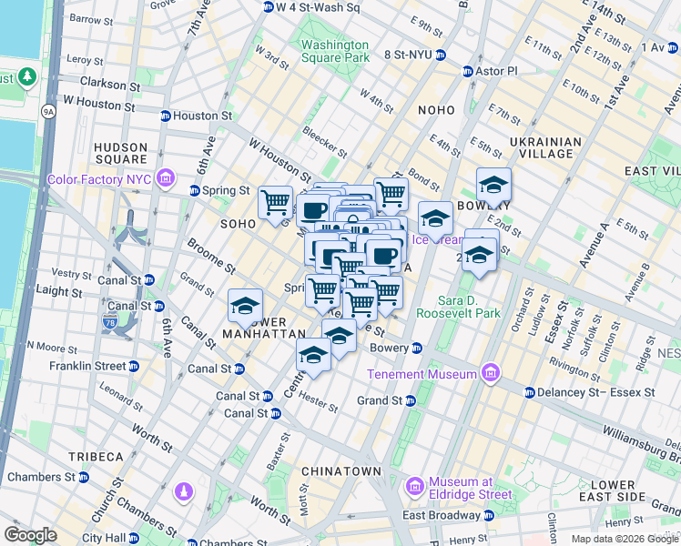 map of restaurants, bars, coffee shops, grocery stores, and more near 267 Lafayette Street in New York