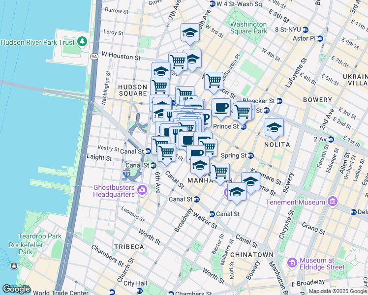 map of restaurants, bars, coffee shops, grocery stores, and more near 418 Broome Street in New York