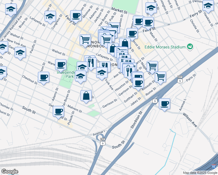 map of restaurants, bars, coffee shops, grocery stores, and more near 69 Ann Street in Newark
