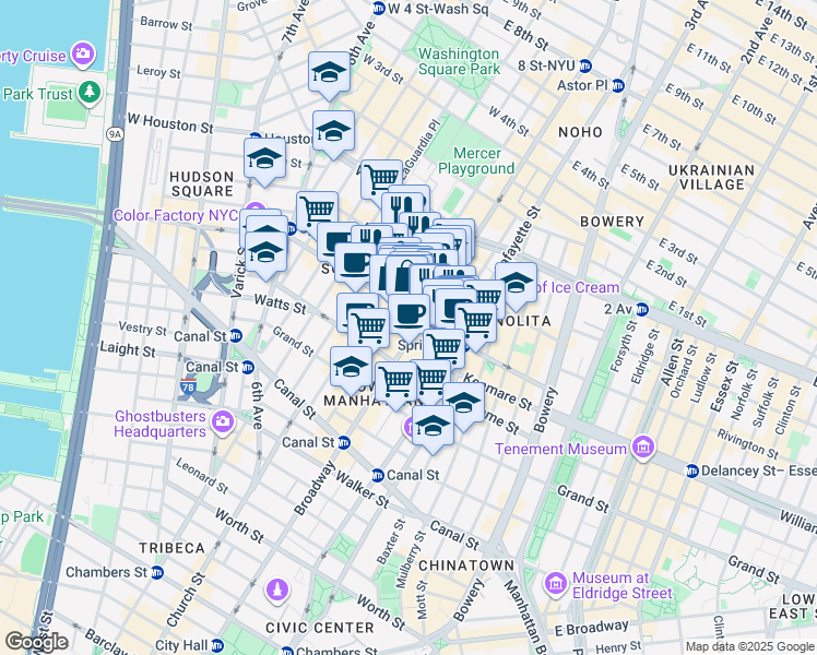 map of restaurants, bars, coffee shops, grocery stores, and more near 533 Broadway in New York