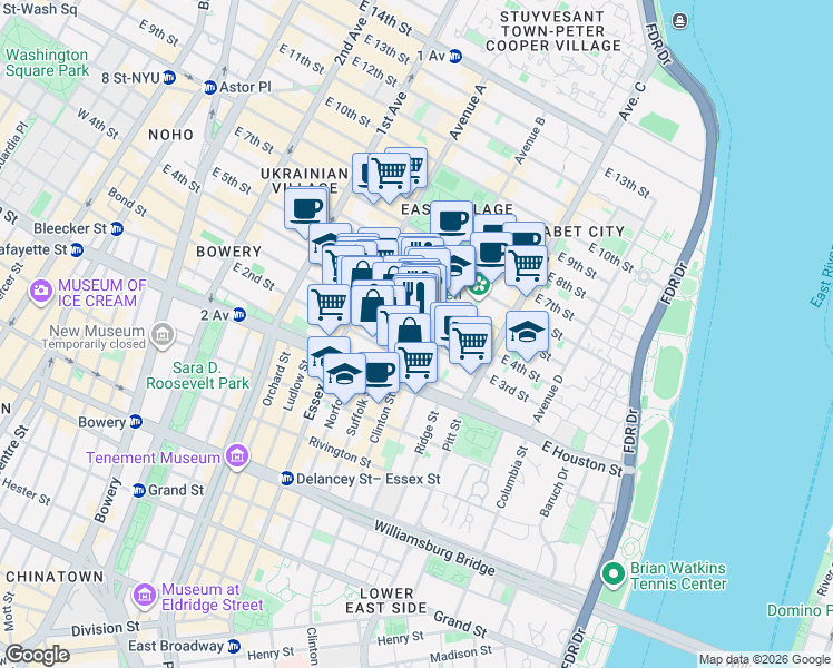 map of restaurants, bars, coffee shops, grocery stores, and more near 50-52 Avenue B in New York