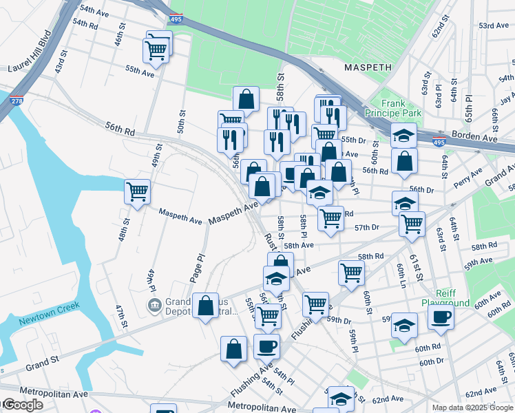 map of restaurants, bars, coffee shops, grocery stores, and more near 56-65 Rust Street in Queens