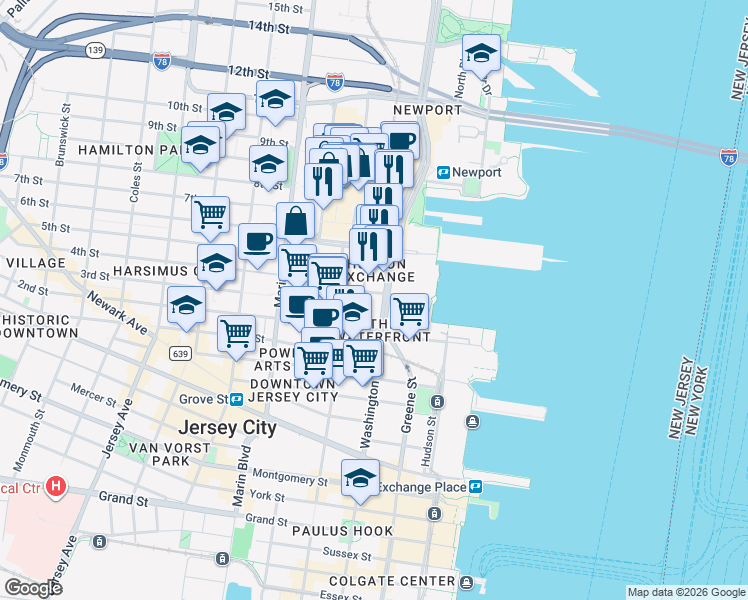 map of restaurants, bars, coffee shops, grocery stores, and more near 455 Washington Boulevard in Jersey City