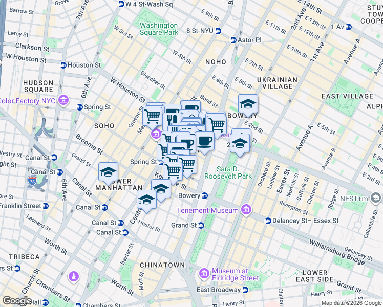 map of restaurants, bars, coffee shops, grocery stores, and more near 22 Prince Street in New York