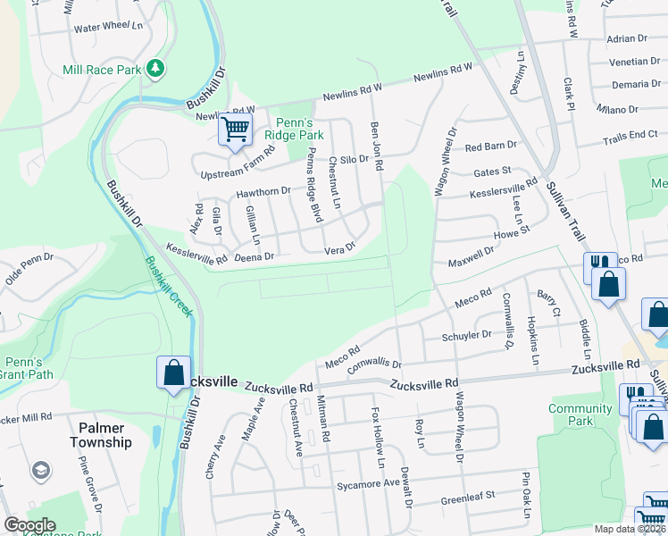 map of restaurants, bars, coffee shops, grocery stores, and more near 1225 Vera Drive in Easton