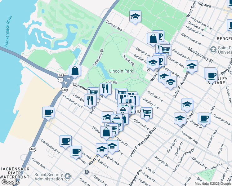 map of restaurants, bars, coffee shops, grocery stores, and more near 23 Belvidere Avenue in Jersey City