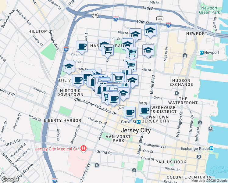 map of restaurants, bars, coffee shops, grocery stores, and more near 579 Jersey Avenue in Jersey City