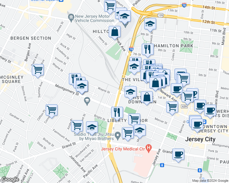 map of restaurants, bars, coffee shops, grocery stores, and more near 26 Merseles Street in Jersey City