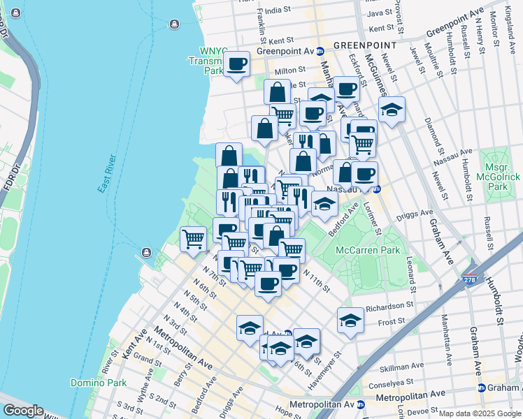 map of restaurants, bars, coffee shops, grocery stores, and more near 111 North 12th Street in Brooklyn