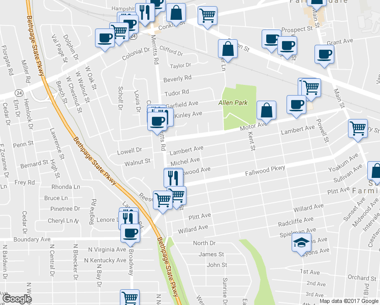 map of restaurants, bars, coffee shops, grocery stores, and more near 122 Lambert Avenue in Farmingdale