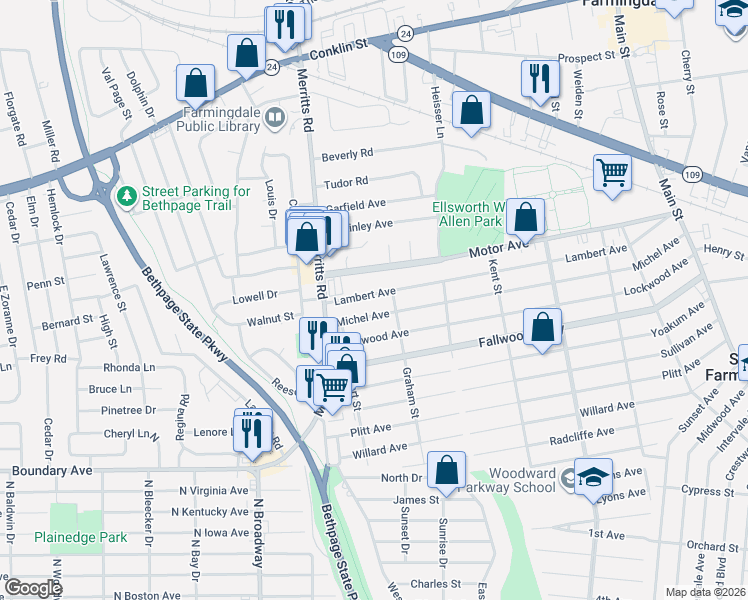 map of restaurants, bars, coffee shops, grocery stores, and more near 122 Lambert Avenue in Farmingdale