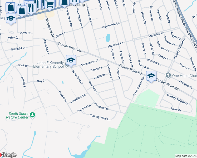 map of restaurants, bars, coffee shops, grocery stores, and more near 19 Judith Place in East Islip