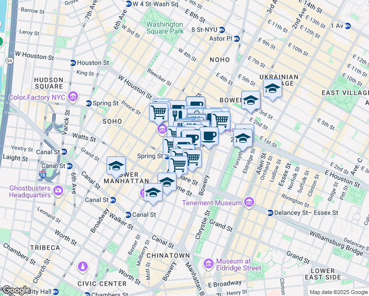 map of restaurants, bars, coffee shops, grocery stores, and more near 19 Prince Street in New York