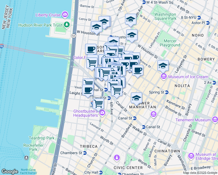 map of restaurants, bars, coffee shops, grocery stores, and more near 11 Grand Street in New York