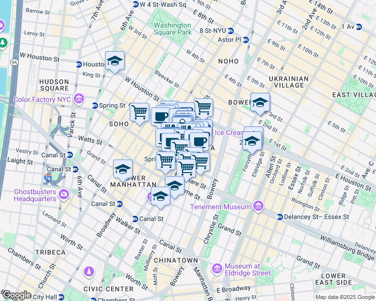 map of restaurants, bars, coffee shops, grocery stores, and more near 267 Lafayette Street in New York