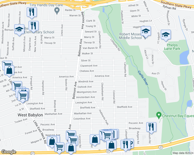 map of restaurants, bars, coffee shops, grocery stores, and more near 1292 America Avenue in West Babylon