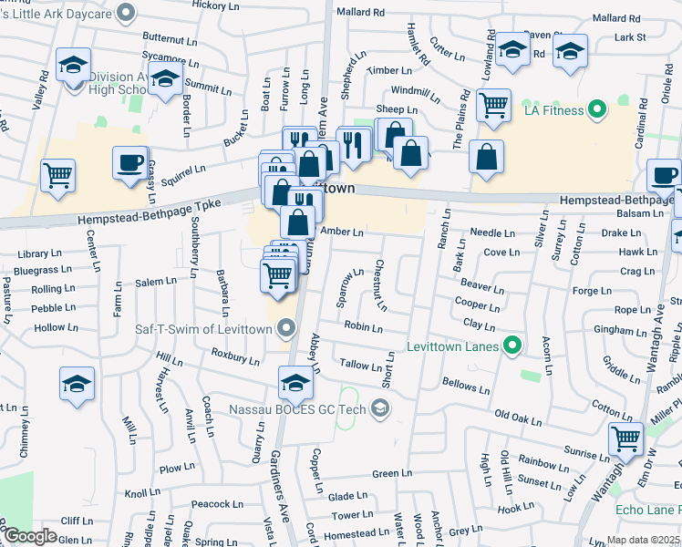 map of restaurants, bars, coffee shops, grocery stores, and more near 8 Blossom Lane in Levittown