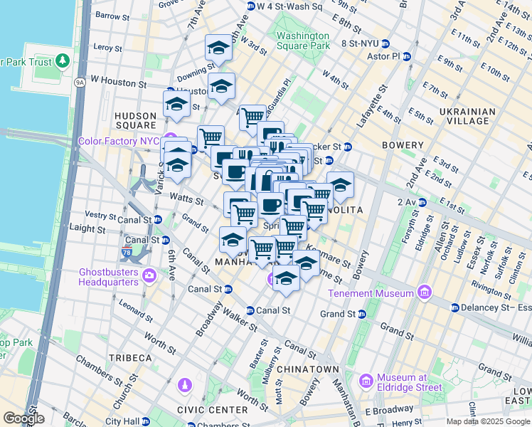 map of restaurants, bars, coffee shops, grocery stores, and more near 533 Broadway in New York