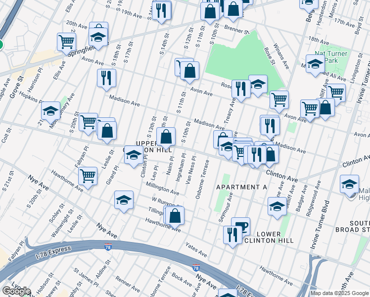 map of restaurants, bars, coffee shops, grocery stores, and more near 634 Clinton Avenue in Newark