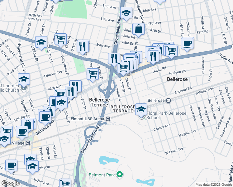 map of restaurants, bars, coffee shops, grocery stores, and more near 9231 244th Street in Floral Park