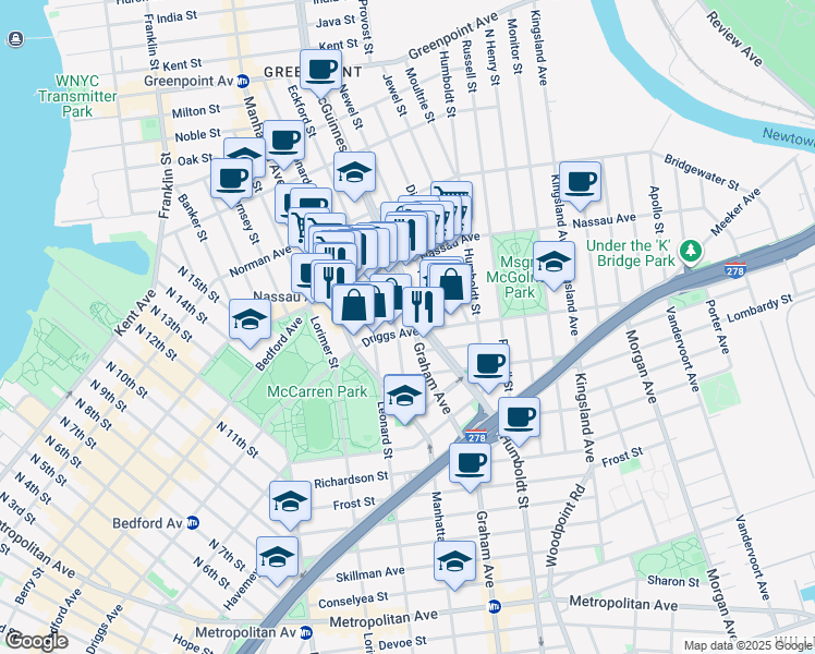 map of restaurants, bars, coffee shops, grocery stores, and more near 112 Eckford Street in Brooklyn