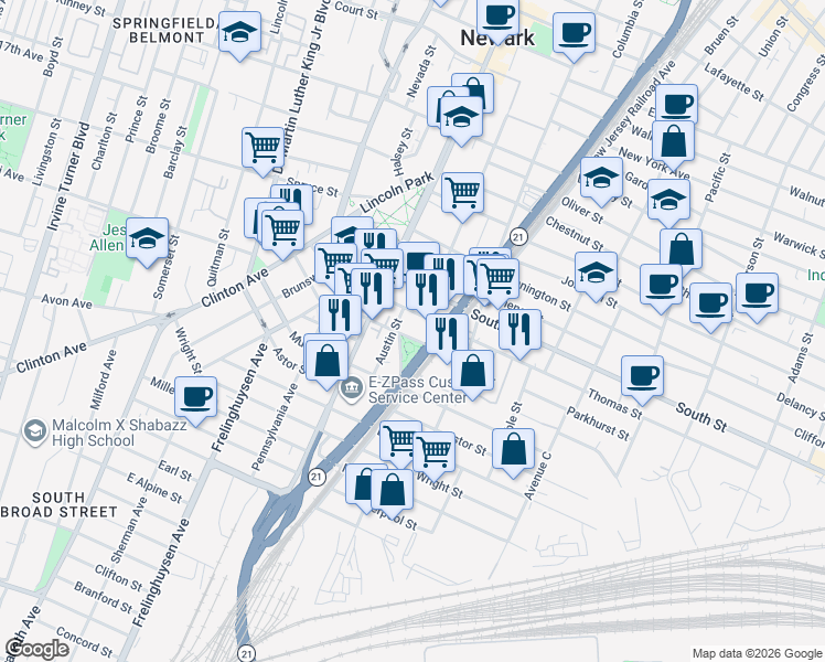 map of restaurants, bars, coffee shops, grocery stores, and more near 78 Thomas Street in Newark