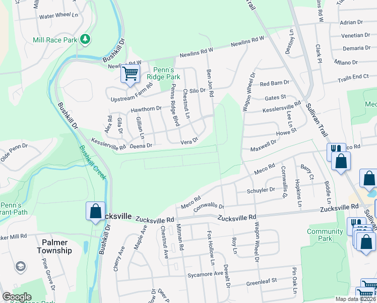 map of restaurants, bars, coffee shops, grocery stores, and more near 1225 Vera Drive in Easton
