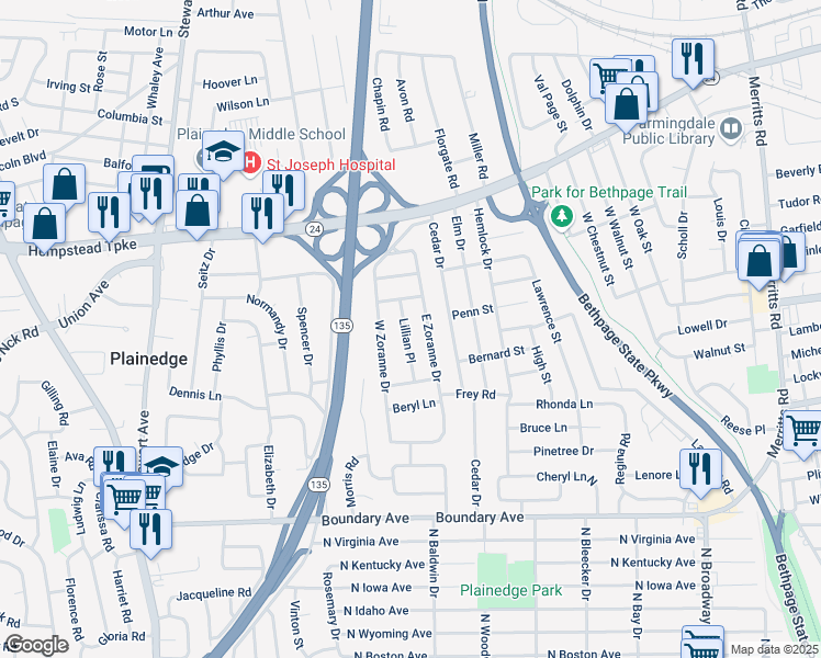 map of restaurants, bars, coffee shops, grocery stores, and more near 15 Lillian Place in Farmingdale