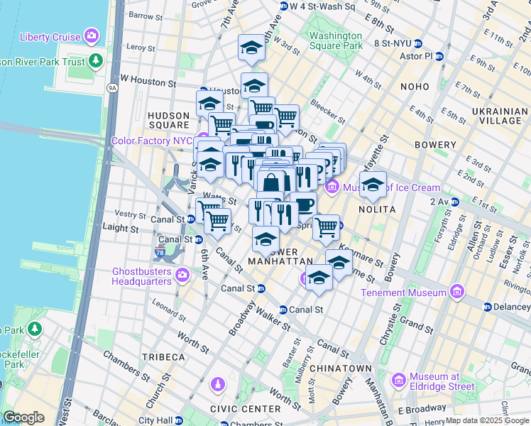 map of restaurants, bars, coffee shops, grocery stores, and more near 71 Greene Street in New York