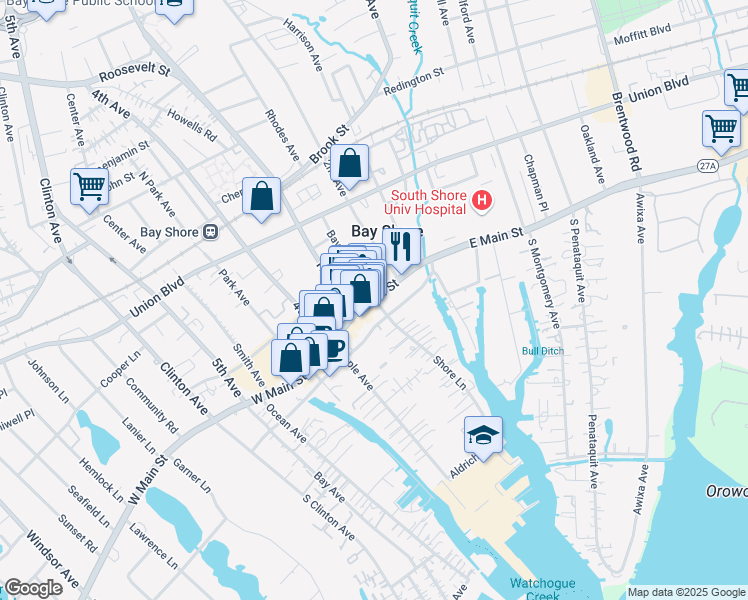 map of restaurants, bars, coffee shops, grocery stores, and more near E Main St & Bay Shore Ave in Bay Shore