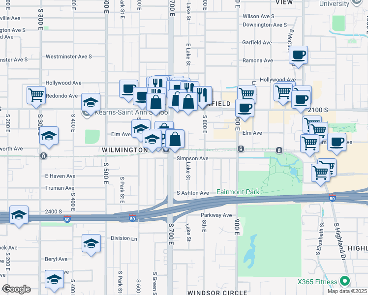 map of restaurants, bars, coffee shops, grocery stores, and more near 2180 Lake Street in Salt Lake City