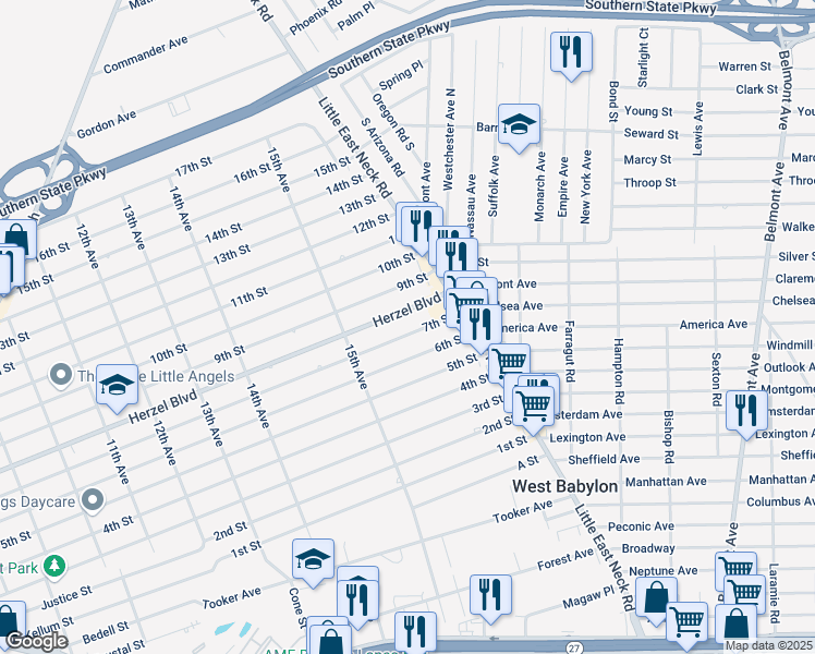 map of restaurants, bars, coffee shops, grocery stores, and more near 1558 Herzel Boulevard in West Babylon