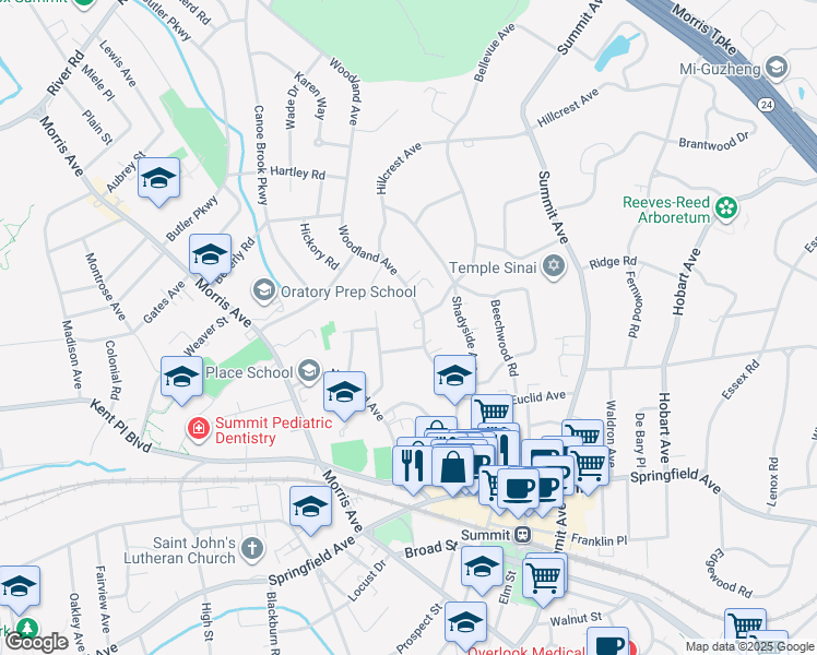 map of restaurants, bars, coffee shops, grocery stores, and more near 90 Woodland Avenue in Summit