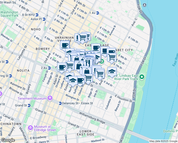 map of restaurants, bars, coffee shops, grocery stores, and more near 50-52 Avenue B in New York