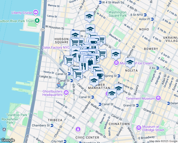 map of restaurants, bars, coffee shops, grocery stores, and more near 418 Broome Street in New York