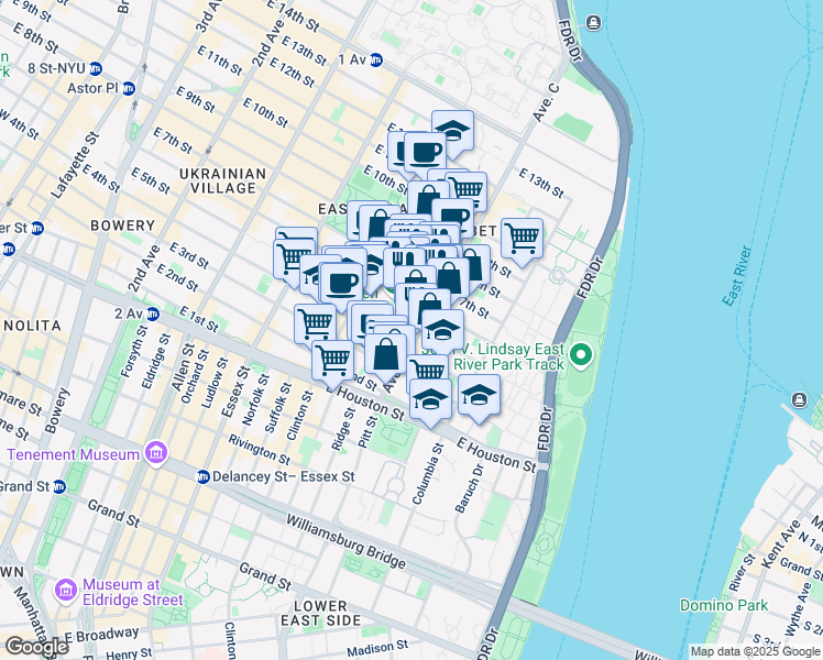 map of restaurants, bars, coffee shops, grocery stores, and more near 621 East 6th Street in New York
