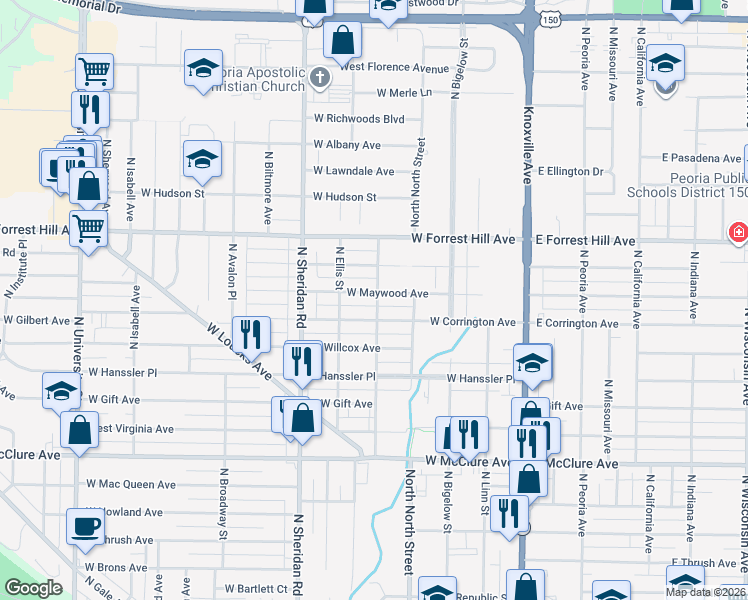 map of restaurants, bars, coffee shops, grocery stores, and more near 415 West Maywood Avenue in Peoria