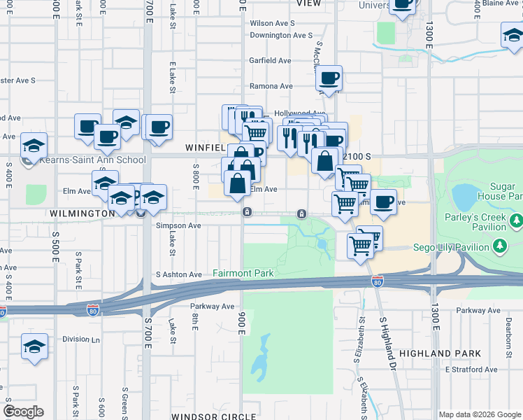 map of restaurants, bars, coffee shops, grocery stores, and more near 2187 Lincoln Street in Salt Lake City