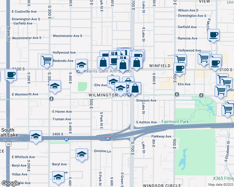 map of restaurants, bars, coffee shops, grocery stores, and more near 633 Wilmington Avenue in Salt Lake City