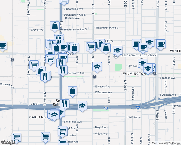 map of restaurants, bars, coffee shops, grocery stores, and more near 2174 South 300 East in Salt Lake City
