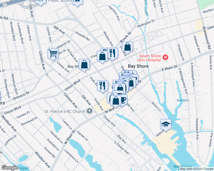 map of restaurants, bars, coffee shops, grocery stores, and more near 1700 Union Boulevard in Bay Shore