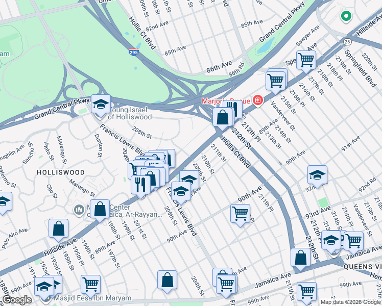 map of restaurants, bars, coffee shops, grocery stores, and more near 209-11 Whitehall Terrace in Queens