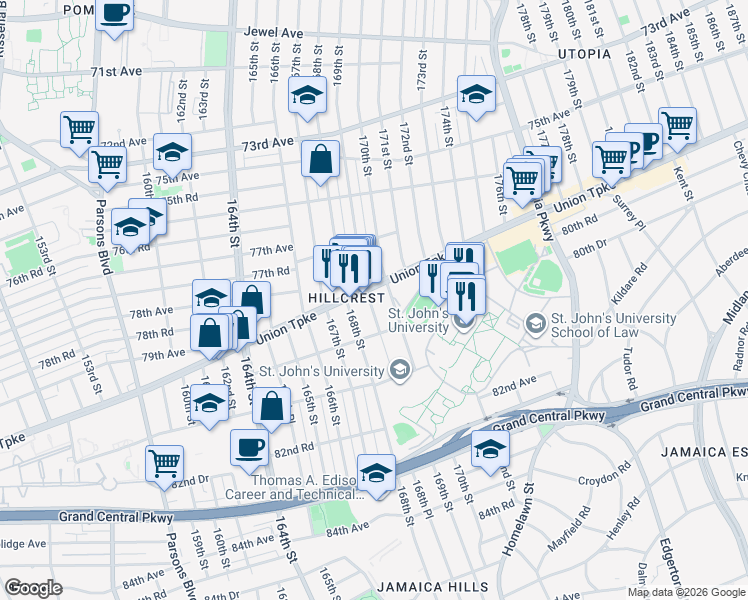 map of restaurants, bars, coffee shops, grocery stores, and more near 1870 170th Street in Queens