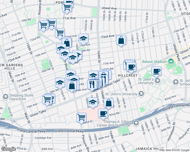 map of restaurants, bars, coffee shops, grocery stores, and more near 162-6 77th Road in Queens