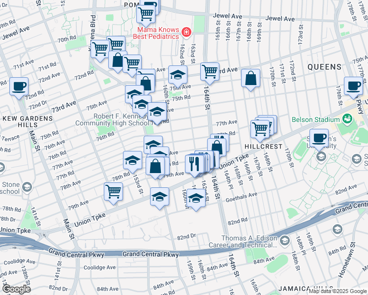 map of restaurants, bars, coffee shops, grocery stores, and more near 160-17 77th Road in Queens