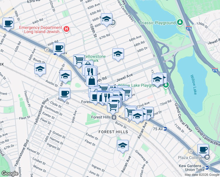 map of restaurants, bars, coffee shops, grocery stores, and more near 107-19 70th Avenue in Queens
