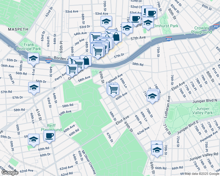 map of restaurants, bars, coffee shops, grocery stores, and more near 69-30 Caldwell Avenue in Queens