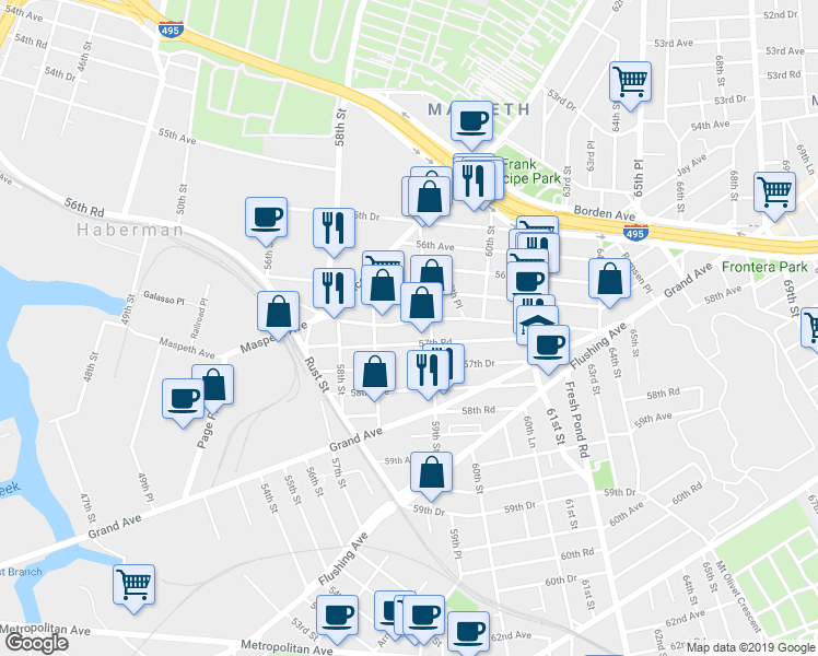 map of restaurants, bars, coffee shops, grocery stores, and more near 56-66 Melvina Place in Queens