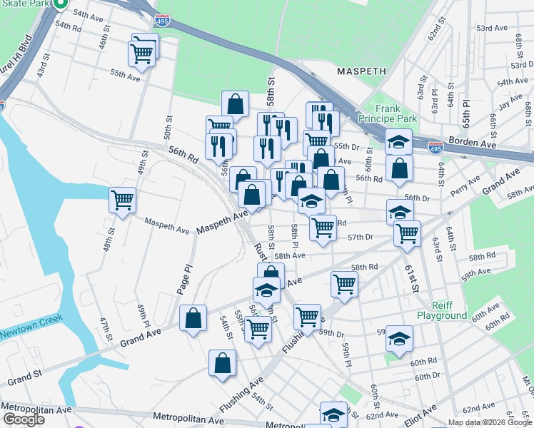 map of restaurants, bars, coffee shops, grocery stores, and more near 5759 Maurice Avenue in Queens