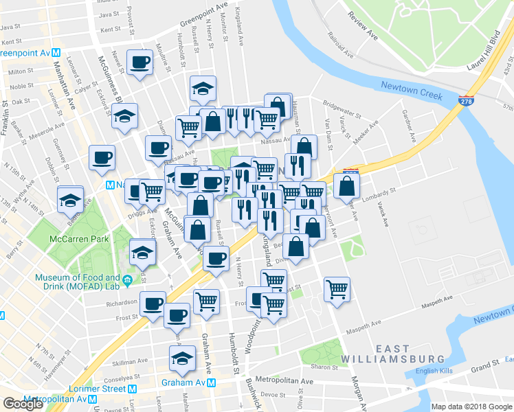 map of restaurants, bars, coffee shops, grocery stores, and more near in Brooklyn